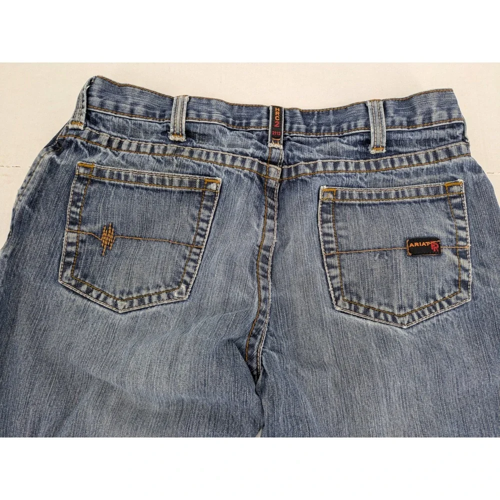 Ariat FR M4 Low Rise Boot Cut Jeans Mens 36x32 Blue Distressed Thrashed Workwear